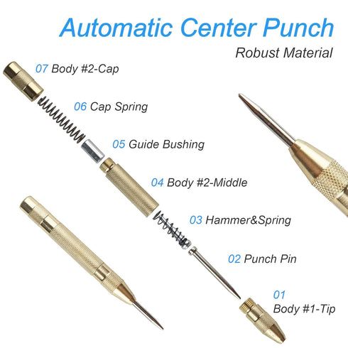 2Pcs Automatic Center Punch, 5'' Premium Spring Loaded Center Punch, Adjustable Spring Loaded Center Hole Punch, Heavy Duty Steel Automatic Center...