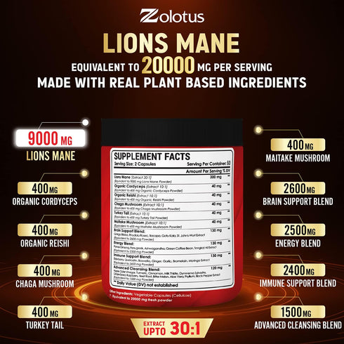 35 in 1 Lions Mane Mushroom Capsules, Equivalent to 20000mg, with Cordeyceps, Reishi, Elderberry, Panax Ginseng, Focus, Memory & Brain Support Sup...