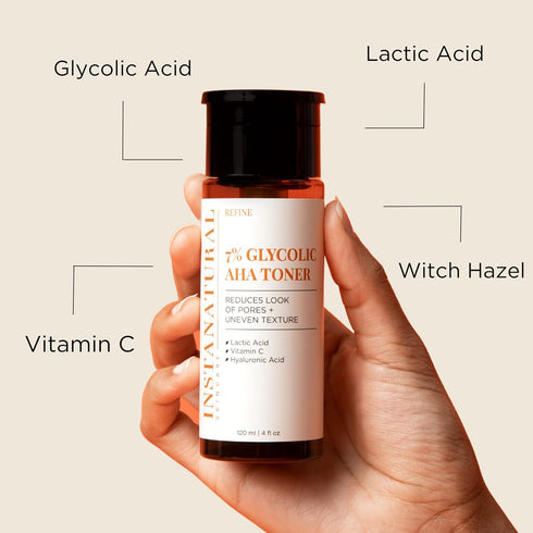 InstaNatural 7% Glycolic AHA Face Toner, Brightens, Reduces The Look of Pores and Uneven Texture, Gently Exfoliates, with Lactic Acid, Witch Hazel...