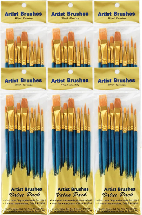 6 Pack 60 Pcs Nylon Hair Paint Brushes Set, Blue Artist Paint Brushes for Acrylic, Oil Watercolor, School Students Painting Set...