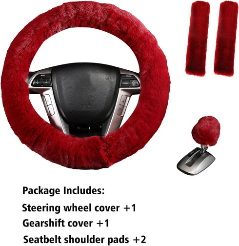 4 Pcs Furry Car Steering Wheel Cover with Fluffy Gear Shift Cover Soft Warm Non-Slip Car Decoration for Women Girls (Wine-red)...