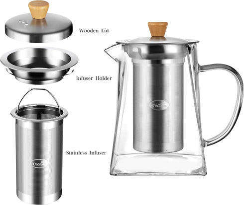 CNGLASS Glass Teapot with Infuser,24oz Clear Glass Tea Kettle with Removable Stainless Steel Strainer,Stovetop Safe Glass Teapot for Blooming and ...