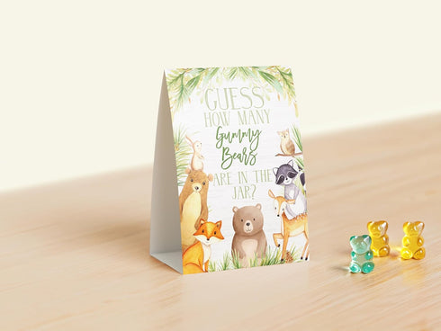 Your Main Event Prints Guess How Many Gummy Bears Game - 5x7 Self-Standing Sign and 50 Guessing Cards - Woodland Theme for Baby Shower or Birthday...