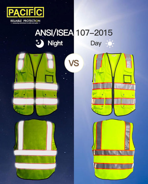 PACIFIC 10 Pockets Safety Vest for Men, 3M High Visibility Reflective Strips with Pockets and Zipper, ANSI Class 2, Yellow, Medium...