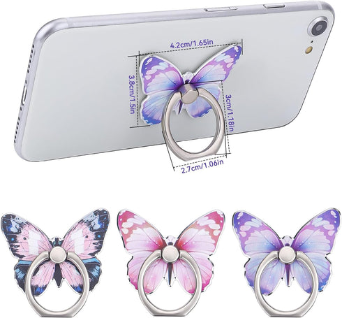 3PCS Phone Ring Holder, Butterfly Painted Pattern Metal Stand 360° Rotation Phone Finger Ring Stand, Cell Phone Finger Kickstand Grip Compatible w...