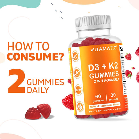 Vitamatic Vitamin D3 K2 Gummies - 60 Count - Supports Healthy Bone, Heart & Calcium Absorption, & Immune Health - Plant Based, Non-GMO, Gluten Fre...