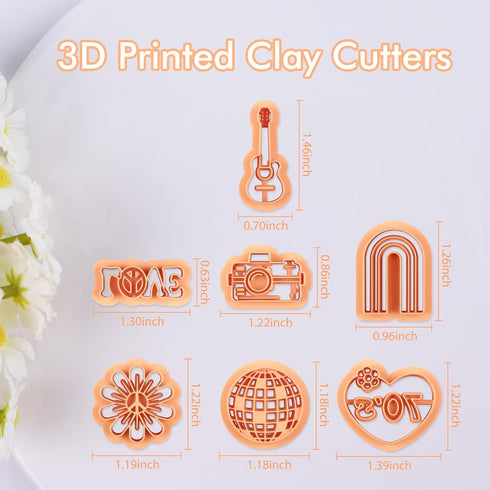 Puocaon 70s Heart Clay Cutters - 7 Pcs 3D Print Clay Cutters for Earrings, Arch Frame Sunflower Polymer Clay Cutters for Jewelry Making, Guitar Di...