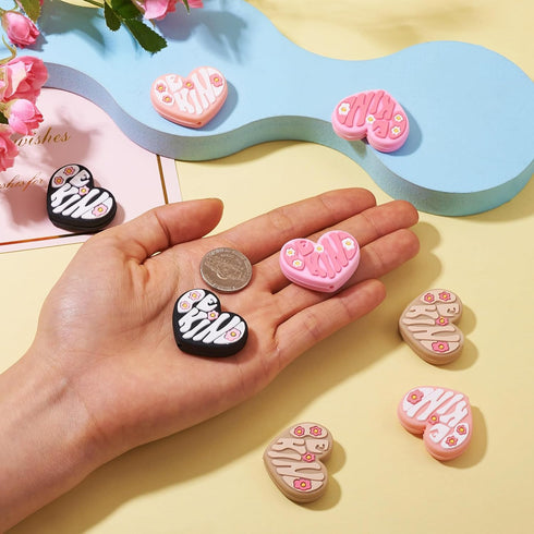Beadthoven 8pcs Heart Silicone Focal Beads for Pens 4 Colors Heart Shaped Rubber Beads Flower Printed Loose Beads Spacers for Jewelry Making Keych...
