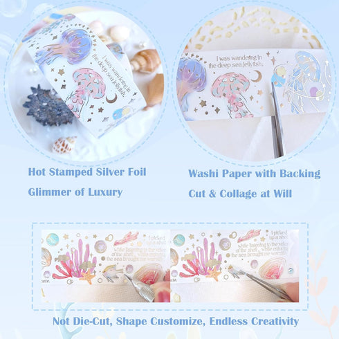Ocean Washi Tape Set 2+5 Roll, Beach Themed Silver Foil Aesthetic Stickers Scrapbook Tape, Blue Washi Tape for journaling, Junk Journal Supplies, ...