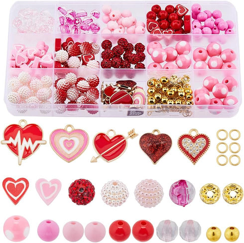 SUNNYCLUE 1 Box Valentine's Day Beads Heart Shaped Love Beads 8mm Round Red Pink Acrylic Beads Rhinestone Bead Bulk Spacer Beads Beading Kit Valen...