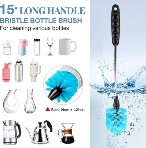 Water Bottle Brush Set, Long Handle 3-in-1 Stainless Steel Water Bottle Scrubbing Brush, Cleaning For Narrow Neck Bottles, Sport Bottles, Baby Bot...