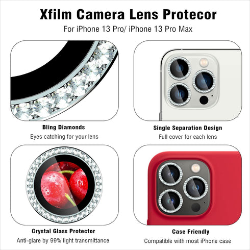 Xfilm Bling Diamond Camera Lens Protector for iPhone 13 Pro/iPhone 13 Pro Max, HD Clear Tempered Glass Camera Lens Protection Cover, Case Friendly...