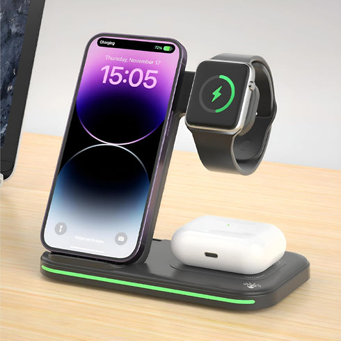 MMOBIEL Wireless Charging Station Compatible with iPhone, Apple Watch and AirPods - 3-in-1 Wireless Charger Stand - 15W - Premium Fast Charger - W...