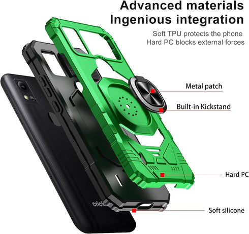TJS Compatible for Cricket Icon 5 Case, AT&T Motivate 4 Case, with Tempered Glass Screen Protector, Metal Ring Magnetic Support Kickstand Heavy Du...