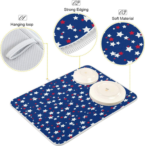 USA Patriotic Stars Memorial Dish Drying Mat 18 X 24 Inch Red Blue White Independence Day Dry Dishes Pads Tableware Mats Protector for Kitchen Cou...