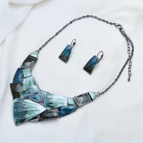 Irregular Enamel Triangle Shape Collar Bib Statement Necklace Earrings Set Women Bridal Jewelry...