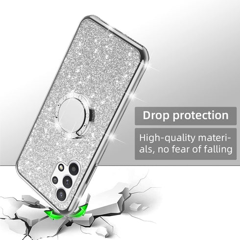 nancheng for Samsung Galaxy A32 5G Phone Case Cute Girls Women Glitter Silicone Cover with Ring Stand & Strap Lanyard - Silver...