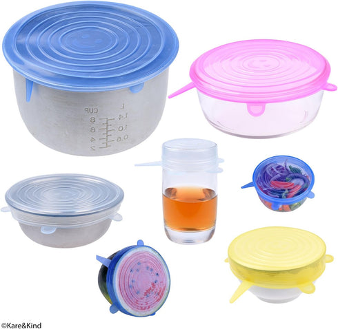 Silicone Stretch Lids - Set of 6 - Stretchable Airtight and Leak Proof Seals - Keeps Your Food Fresh - Reusable Covers for Bowls, Pots, Pans, etc....
