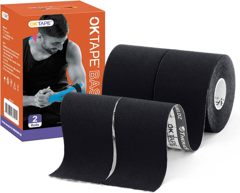 OK TAPE Basic Original Cotton Kinesiology Tape (2 Pack), Elastic Water Resistant Therapeutic Athletic Tape, Latex Free, Pain Relief, Injury Recove...