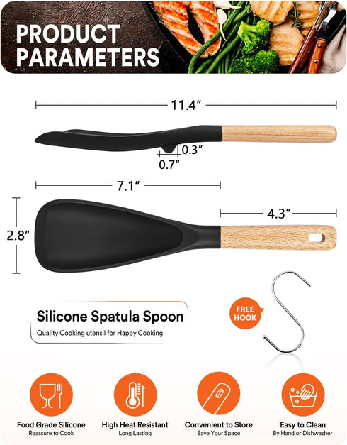 Cooking Spoon for Nonstick Cookwares, Great for Cooking and Serving Durable BPA-Free Matte Silicone, Wood Handle Spoon for Mixing, Scoop, and Scra...