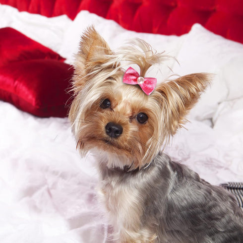 40 Pieces Dog Bows Cute Puppy Dog Bowknot Hair Bows Handmade Hair Accessories Bow with Rubber Bands Lace Organza Puppy Bows Rhinestone Pearls Dog ...