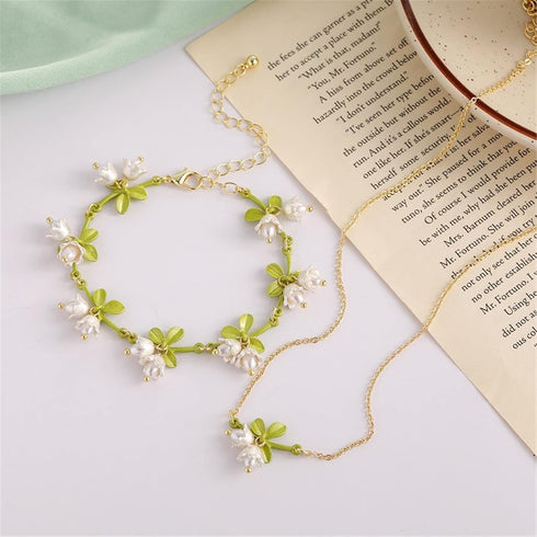 Caiyao Lily of the Valley Rose Flower Leaf Necklace Drop Dangle Earring Bracelet Set for Women Mom Friend Mother Vintage Tassel Chain Necklace Bri...
