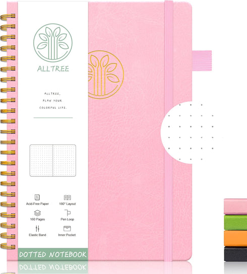 ALLTREE Spiral Dot Grid Notebook Journal Dotted Paper Notebook Hardcover Spiral Notebook Twin Wire Spiral Bound Notebook with Pen Loop Pocket Stic...