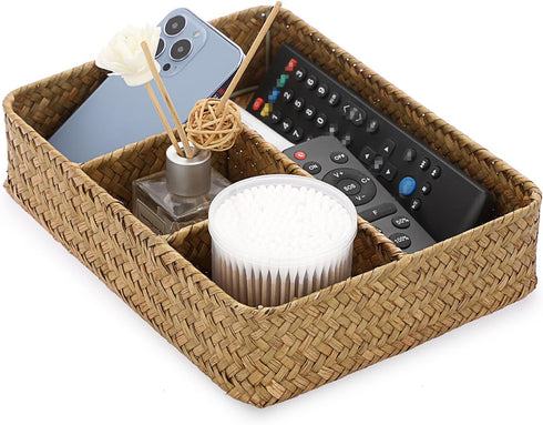 BTSKY Desk Drawer Organizer Tray, Coffee Station Organizer Tea Bag Organizer, Woven Seagrass Storage Basket with 4 Divided Sections Handwoven Wick...