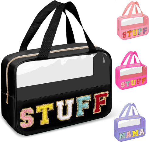 Chenille Letter Clear Makeup Bags Stuff Tote, Preppy Patch Makeup Bag Zipper with Handle, Waterproof PVC & Nylon Portable Glitter Large Cosmetic T...