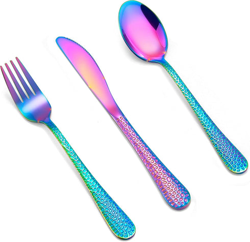 LIANYU 12-Piece Rainbow Kids Silverware Set, Stainless Steel Toddler Utensils, Hammered Preschooler Metal Flatware Cutlery Set, Children Tableware...