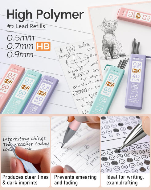 Nicpro 6PCS Pastel Mechanical Pencil Set, Cute Mechanical Pencils 0.5 mm & 0.7 mm & 0.9 mm with 360PCS HB Lead Refills, Eraser, Eraser Refill for ...
