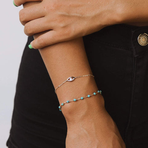 MEVECCO Gold Round Turquoise Beaded Bracelets,14K Gold Plated Handmade Cute Dainty Bracelet for Women...