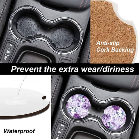 Purple Floral Cup Holders Car Coasters Set for Women Girl,Pretty Design Keep Cup Holders Clean and Dry,Drink Cup Car Holder Coasters with A Finger...