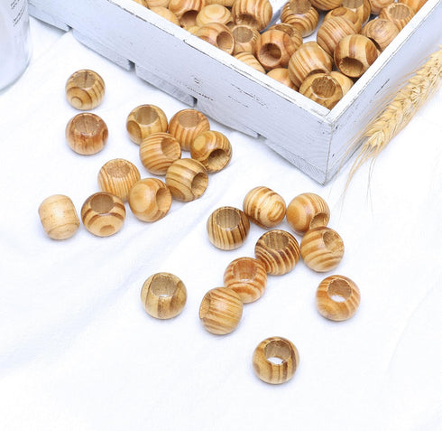 50 Wooden Beads Large Hole Macrame Beads Round Striped Wooden Loose Spacer Beads with Wood Texture for Bead Crafts Making, 15 x 20mm(Light Brown,1...