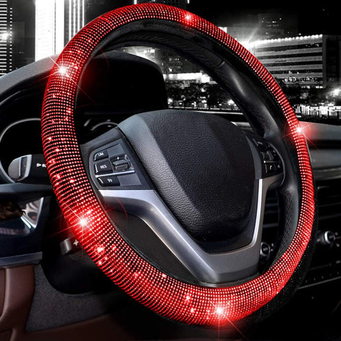 Valleycomfy Steering Wheel Cover for Women Bling Bling Crystal Diamond Sparkling Car SUV Wheel Protector Universal Fit 15 Inch (Black with Red Dia...