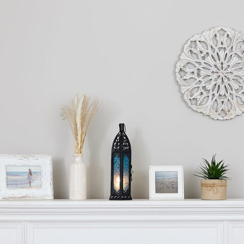 Zingz & Thingz Moroccan Style Candle Lantern Holder, Decorative Light Home Decor, Indoor & Outdoor, 13" Tall, Black with Blue Glass...