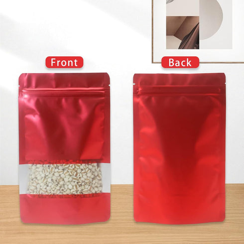50 Pieces Smell Proof Red 6.3 * 9.4 In Resealable Matte Metallic Ziplock Bags, Stand Up Food Storage Bags with Window, Foil Pouch Sealable Bags fo...