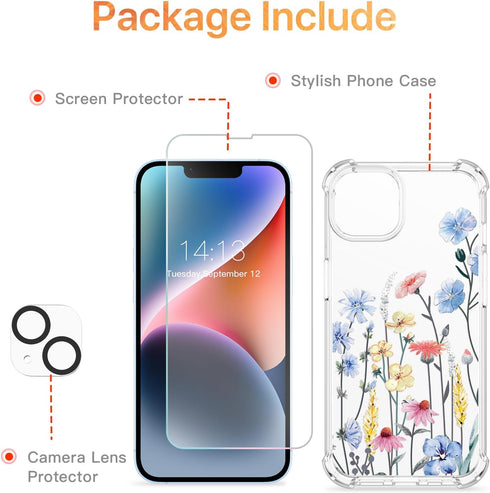 GVIEWIN for iPhone 14 Plus Case Floral, with Screen Protector + Camera Lens Protector, Soft Slim Clear Flower Shockproof Full Body Protective Wome...