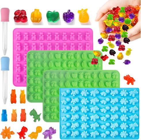 4 Pack: Bear,Dinosaur,Fruits,Vegetables Gummy Candy Molds; Mini Silicone Gummy Candy Chocolate Molds, Dessert DIY Cake Mould, Baking Pan,Kitchen T...
