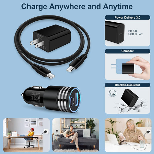 Type C Super Fast Charger Block Box Car Charger+6ft Android Charger USB C to C Cable Fast Charging for iPhone 15 Samsung Galaxy S24/A14/A54/S23 FE...