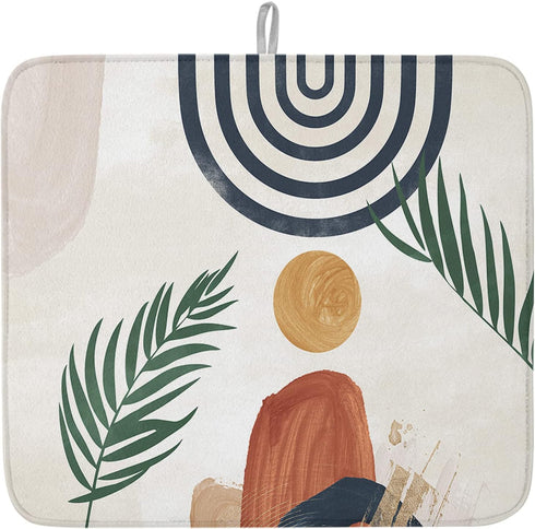 Kitchen Drying Mat for Counter Medieval Boho Tropical Leaf Absorbent Dish Mats Foldable Microfiber Drainer Pad Khaki Orange Mid Century Geometric ...