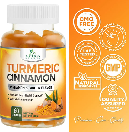 Turmeric Curcumin with Cinnamon & Ginger Gummies 95% Curcuminoids Black Pepper for Max Absorption Joint Support, Nature's Tumeric Herbal Extract S...