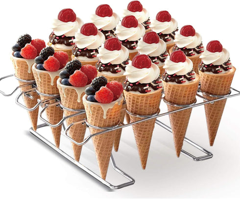 Cupcake Cones Baking Rack, 16-Cavity Stainless Steel Ice Cream Cone Stand Holder Foldable Cake Decorating Pastry Tray Waffle Cones Holder for Baki...