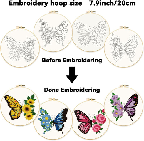 ORIGACH 4 Pack Flowers and Butterfly Embroidery Kits for Beginners, DIY Starter Hand Embroidery Kit with Floral and Butterfly Patterns and Instruc...