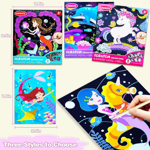 BAOXUE Scratch Art for Kids, Mermaids Black Rainbow Scratch Paper Set-Arts and Crafts & Supplies, DIY Activity & Party Games, Mermaid Toys Gifts f...