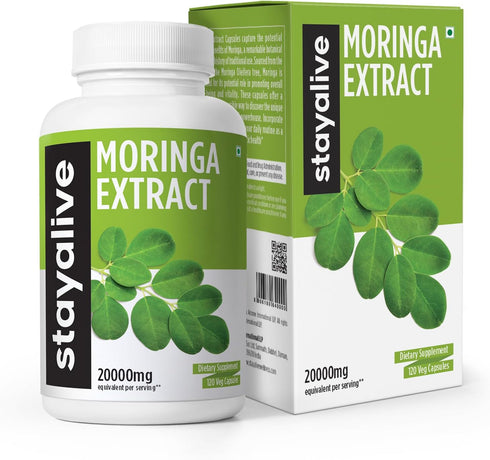 STAY ALIVE Pure Moringa Capsules, 20000mg Equivalent, 120 Vegan Moringa Pills, Immune, Digestive & Body Support, Green Superfood with Extra Streng...