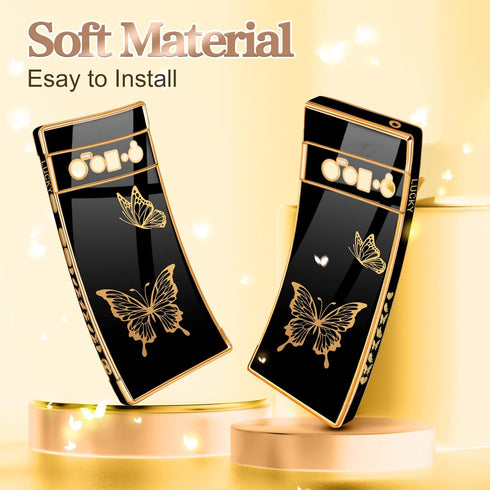 Coralogo for Google Pixel 6 Pro Case 5G Butterfly for Women Girls Girly Pretty Phone Cases Cute Black and Gold Plating Butterflies Unique Design A...