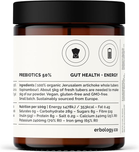 Erbology Organic Jerusalem Artichoke Powder 3.2 oz - 45 Servings - Sunchoke - 50% Prebiotic Inulin Fiber - Supports Gut Health and Promotes Divers...