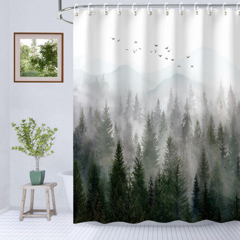 RosieLily Mountain Shower Curtain Misty Forest Tree Foggy Shower Curtain for Bathroom with Hooks Cool Nature Scenery Landscape Bathtub Decor 60 in...