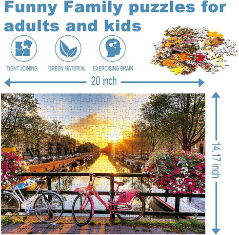 Puzzles for Adults Jigsaw 500 Piece Spring Flower Quiet River Sunrise Picturesque Amsterdam with Bicycles Landscape 500 Piece Puzzle Art for Famil...